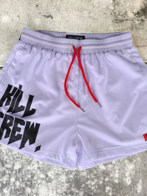 Kill Crew graphic training shorts in white mesh with red drawstrings.
