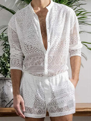 White open-weave crochet resort set with geometric patterns, band collar shirt and shorts.