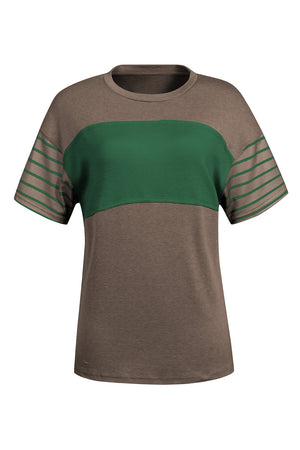 Colorblock raglan tee in brown with green chest stripe and striped sleeves.