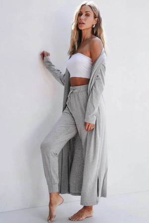 Gray duster cardigan with side slits and matching jogger pants with drawstring waist.