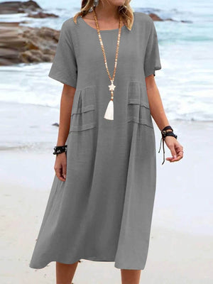 Full Size Casual Linen Blend Midi Dress in Royal Blue, alternate angle