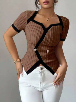 Brown t-shirt with black contrast trim and asymmetrical neckline, short sleeves, ribbed texture.