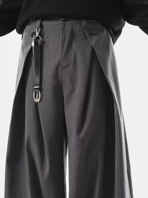 Men's grey pinstripe wide leg sweatpants with a unique wrap detail and belt loop accessory.