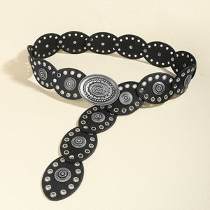 Black leather belt with oval eyelet details and antique silver oval buckle.