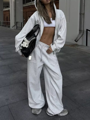 Oversized Zip-up Hoodie And Wide-leg Pants Set in Brown, product detail