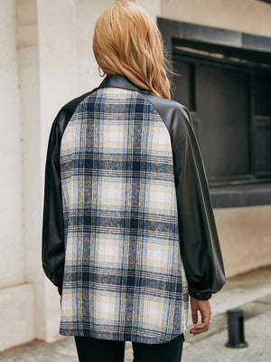 Plaid shacket with faux leather raglan sleeves in black and navy.