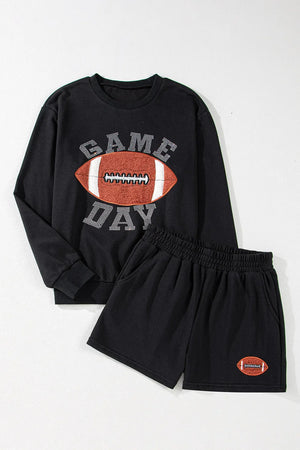 Black cotton sweatshirt and shorts set with football graphic and GAME DAY text.