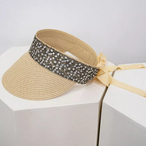 Straw visor hat in beige with sequin band and ribbon tie
