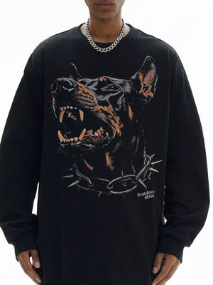 Men's black long-sleeve graphic tee with a snarling Doberman and spiked collar print.