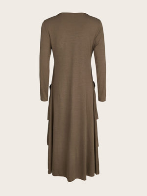Coffee midi dress with long sleeves, tiered hem, and pockets.