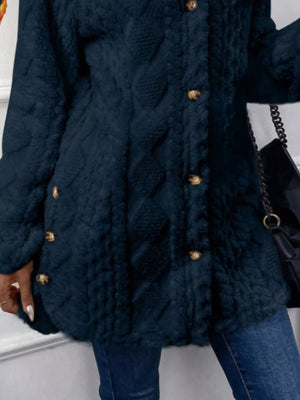 Navy cable knit hooded trench coat with button detail