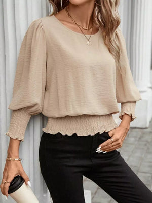 Puff Sleeve Smocked Blouse in Khaki, front view