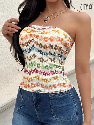 Strapless floral print tank top with ruching and a bow detail.