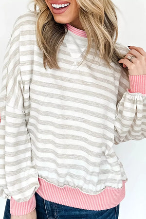 Twisted Rib Trim Striped Loose Pullover Sweatshirt, close-up detail