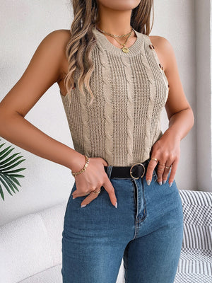 Khaki cable knit tank top with button detail
