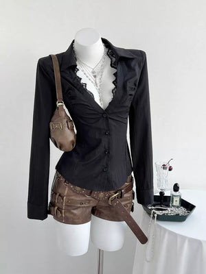 Black lace-trimmed V-neck button-down maternity shirt with ruched detail