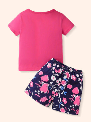 Baby girls' pink t-shirt with navy floral print shorts set