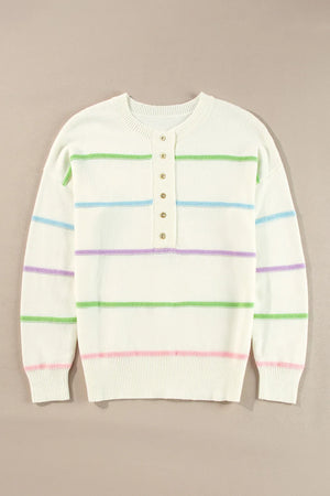 Ivory knit henley sweater with pastel stripes and button detail