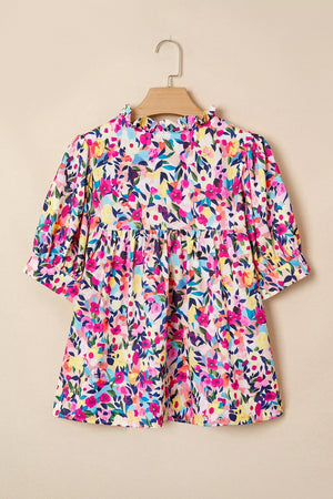 Flower Print Frilled Collar Puff Sleeve Blouse, fabric detail