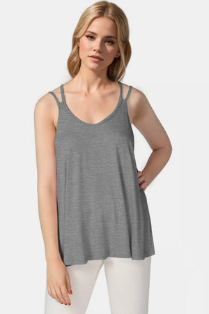 Double strap trapeze cami in gray with a v-neck and a flowy fit.