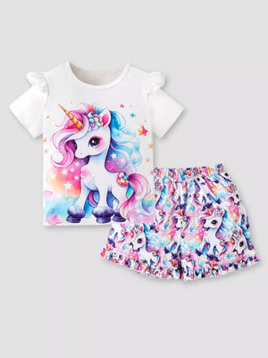 Baby unicorn ruffle sleeve t-shirt and shorts set with rainbow hair and stars.