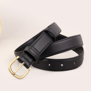 Black cowhide leather belt with antique brass buckle and stitched detail