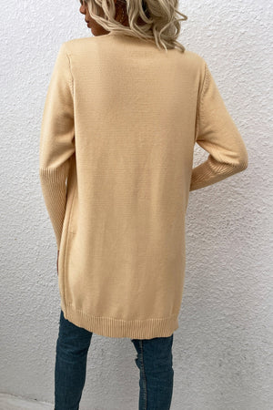 Khaki ribbed cuff open-front cardigan with ribbed hem and cuffs.