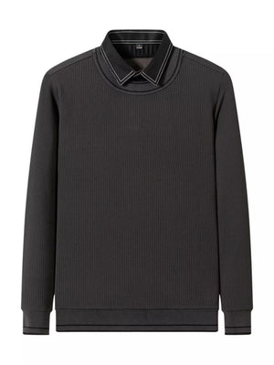 Black ribbed knit sweater with a layered collar detail and crew neck.