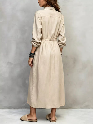 Full Size Button Front Long Sleeve Shirt Dress Plus Size in Apricot, fit detail