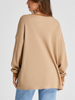Waffle knit raglan sleeve sweatshirt in tan with contrast trim.