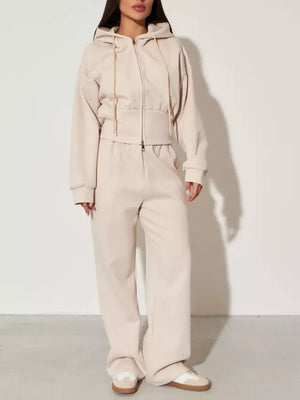 Zip-up Hoodie And Wide-leg Pants Set in Pink, fit detail