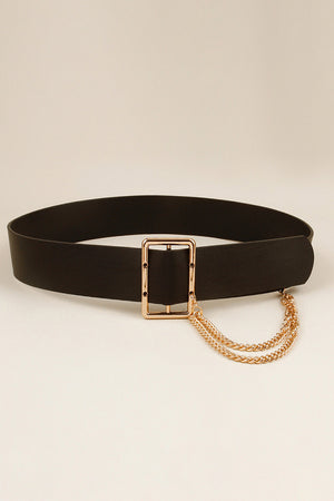 Black faux leather belt with gold square buckle and double chain detail.
