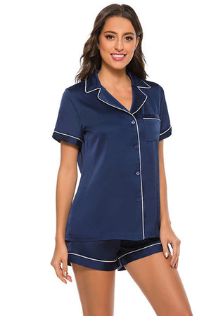 Dark Blue satin pajama set with white piping, button front top and shorts.