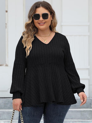 Black ribbed peplum blouse with blouson sleeves and V-neck