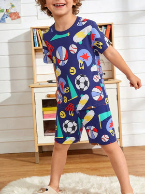 Kids' blue short sleeve tee and shorts set with all-over sports print