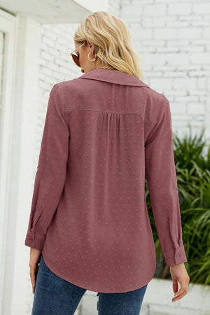 Textured collared blouse in dusty pink with pintuck detail and button cuffs.