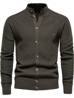 Army green textured knit stand collar cardigan with button closure