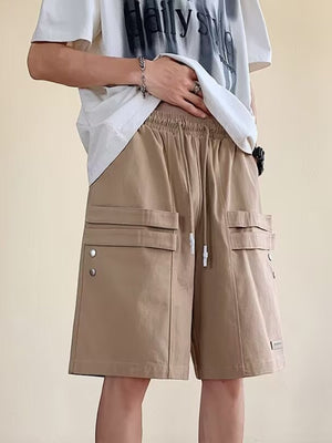 Men's camel cargo shorts with drawstring waist and multiple pockets.