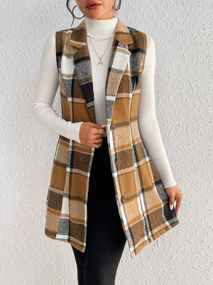 Camel plaid blazer vest with tailored silhouette and button front, worn over a white turtleneck.