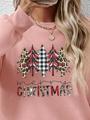 Blush pink crewneck sweatshirt with Christmas trees in buffalo plaid, leopard print, and red plaid.