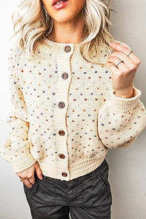 Geometric Print Button Front Cardigan in Beige, back view