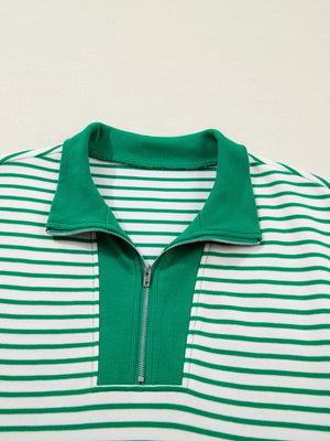 Green and white striped polo collar dress with quarter zip and pockets