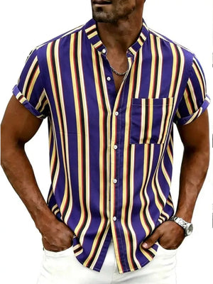 Men's Plus Size Striped Button Up Short Sleeve Shirt in Navy, front view