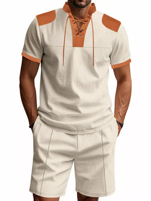 Men's casual two-piece set in Khaki with lace-up detail and drawstring shorts.