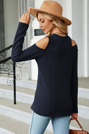 Dark Blue textured cable knit cold shoulder top with long sleeves.