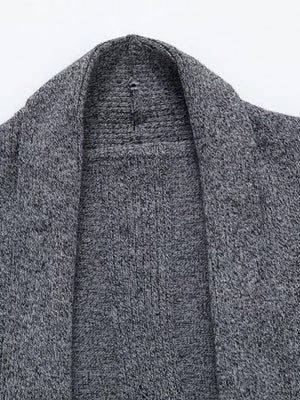 Gray heathered longline cardigan with shawl collar and ribbed knit texture.