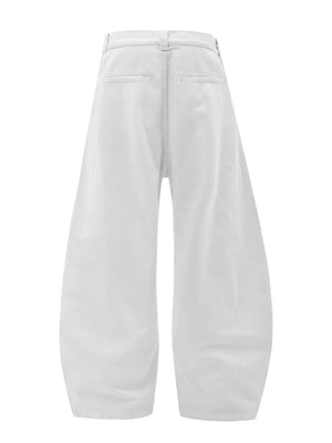White cotton men's wide-leg trousers with button-down closure and two back pockets.