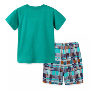 Toddler green cotton tee and plaid shorts ensemble