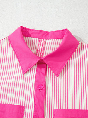 Button-down mini dress with pink and white stripes, pink collar, and button detail.