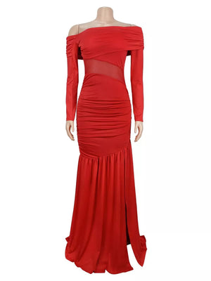 black maxi dress with ruched and long sleeve
